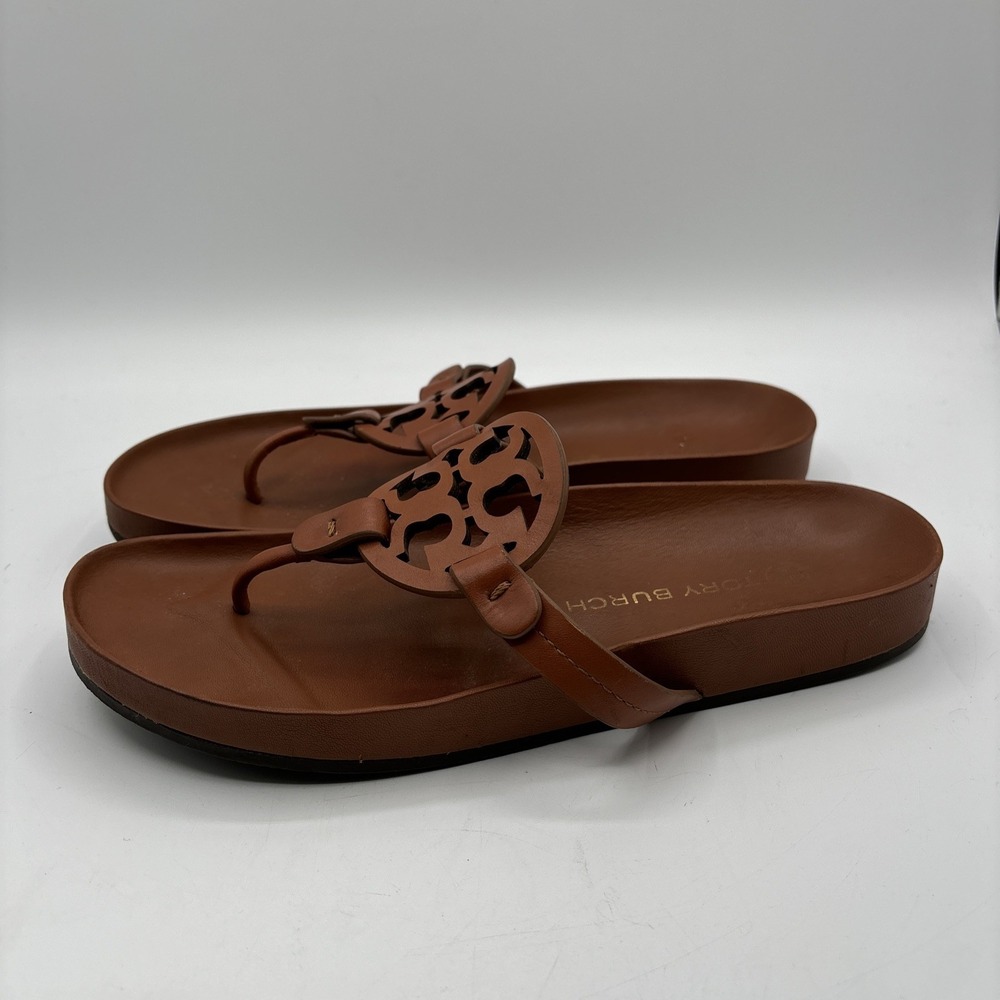 Tory Burch Miller Cloud Sandals Women's 8.5 Aged Camello Tan Leather Thong - Picture 9 of 11